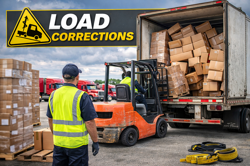 photo shows a cargo load being removed from a box truck with forklift and workers