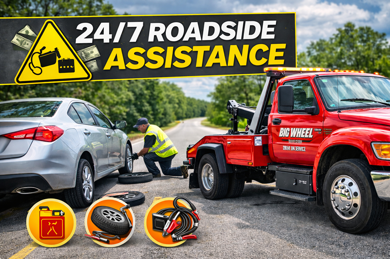 photo shows Big Wheel Wrecker Service tech changing a car tire on side of the road