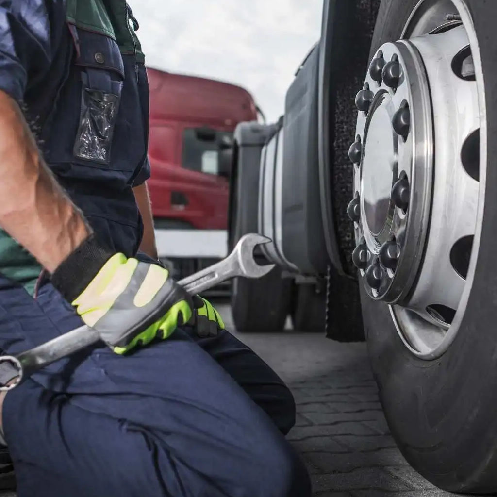 photo shows Big Wheel Wrecker Service roadside assistance tech about to remove a semi truck tire